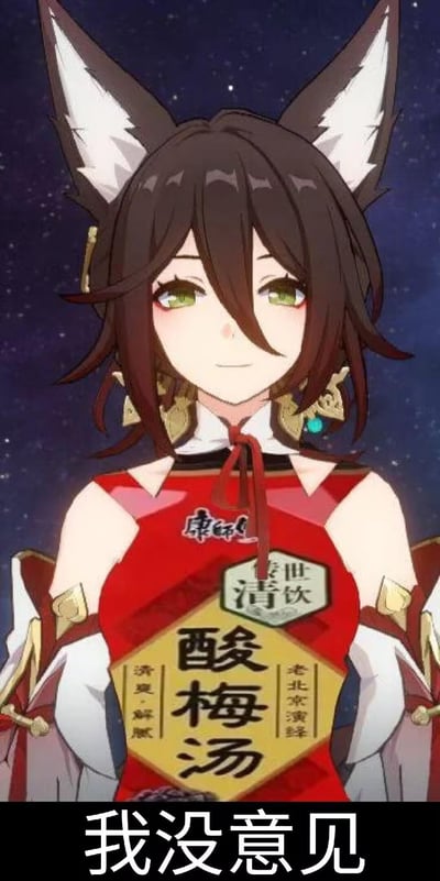 这是一张二次创作的搞笑梗图，将米哈游游戏《崩坏：星穹铁道》中的角色停云的服装，替换成康师傅酸梅汤的包装样式，角色面带温和微笑正视前方，图片底部配文“我没意见”。通过游戏角色与国民饮品包装的跨界结合，形成反差感，既玩了品牌联动的梗，也借角色的温和神态表达顺从、无异议的情绪，适合用来回应他人时表达自己没有不同看法。