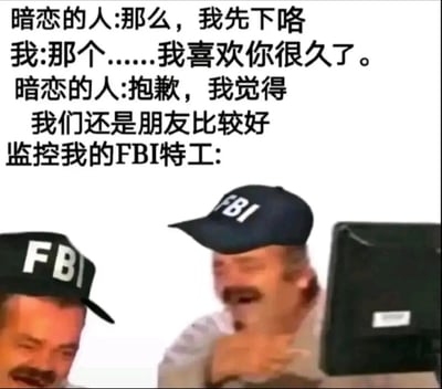 图片上方是三段对话文字，内容为：暗恋的人说“那么，我先下咯”，“我”回应“那个……我喜欢你很久了”，暗恋的人拒绝“抱歉，我觉得我们还是朋友比较好”。图片下方是两名戴着写有‘FBI’字样帽子的男性，他们正对着电脑大笑，配文‘监控我的FBI特工：’。通过将私人情感挫折与虚构的FBI监控场景结合，制造出一种尴尬又搞笑的反差效果。