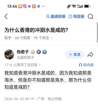 这是一张竖版的知乎平台手机端页面截图，顶部为手机状态栏，显示时间13:46、5G、WiFi等标识。页面内展示的提问为「为什么香港的冲厕水是咸的？」，该问题有60个回答、75人关注，页面带有邀请回答、写回答、搜索等功能按钮。用户「伪君子」（简介为无趣的男子）给出的回答获得1716人赞同，回答内容为「我知道香港冲厕水是咸的，因为我知道那是海水，但是你不知道那是海水，那为什么你知道是咸的？」，该回答发布于2026年6月23日00:19，发布地为广西，标注禁止转载，页面还附带听内容、关注答主、分享回答的功能按钮。回答采用反问形式，调侃提问者尝过冲厕水才知道其味道，具有搞笑玩梗的效果。