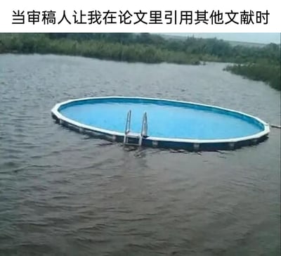 这是一张针对学术论文写作场景的吐槽梗图。画面主体是一个大型简易圆形泳池，被放置在一片宽阔的自然浑水水域中，泳池内部是干净的蓝色池水，外部则是浑浊的河水，泳池的金属梯子一半浸在外部的浑水里，呈现出一种荒诞又无奈的场景。图上方配文“当审稿人让我在论文里引用其他文献时”，精准地比喻了科研作者在面对审稿人要求补充文献时的心境：自己的研究就像这个小泳池，而海量的文献就像周围的广阔浑水，要从中筛选合适的文献加入自己的论文，就像要从这浑浊的水里找到能放进干净泳池的内容，充满了无从下手、被庞大信息淹没的无奈与疲惫。