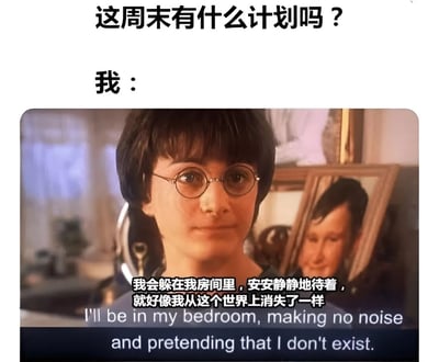 这是一张幽默梗图，上方文字提问"这周末有什么计划吗？"，下方以"我："引出电影《哈利·波特》中主角哈利·波特的截图，配文"我会躲在我房间里，安安静静地待着，就好像我从这个世界上消失了一样"，表达了一种想要在周末独处、远离社交的心情。图片下方还有英文翻译"I'll be in my bedroom, making no noise and pretending that I don't exist."。