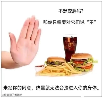 这是一张减肥励志类的静态图文海报，画面左侧是一只真人手掌，做出张开的拒绝手势，朝向右侧的汉堡、薯条、可乐等高热量快餐食物。海报上方配有文字“不想变胖吗? 那你只需要对它们说"不"”，下方文字为“未经你的同意，热量就无法合法进入你的身体”，以幽默诙谐的拟人化说法，将热量摄入比作“合法进入身体”，鼓励人们通过自我克制拒绝高热量食物，从而控制体重、避免变胖，传递出健康饮食和自我约束的减肥理念。