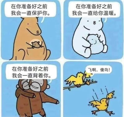 这是一张四格连环卡通梗图，前三格依次呈现了三种温柔呵护的场景：棕熊将小老鼠安置在怀中，轻声说“在你准备好之前我会一直保护你”；白熊紧紧抱着小熊，温柔表示“在你准备好之前我会一直给你温暖”；猴子背着同伴，暖心说道“在你准备好之前我会一直背着你”，整体营造出充满关怀的氛围。第四格画风突变，站在树枝上的黄鸟对着正扑棱翅膀准备学飞的小鸟大喊“飞啊，傻鸟！”，与前三格的温柔形成强烈反差，用幽默的方式调侃了两种截然不同的成长引导方式，搞笑又接地气。