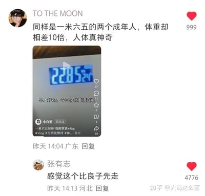 社交平台上的网友发帖讨论，同样身高1米65的两个人，体重却能相差10倍。配图为体重秤数字“228.5”，并配有网友幽默评论“感觉这个比良子先走”，表达对极高体重的夸张和调侃。评论里的“双关”暗示体重太大有健康疑问，用“比良子先走”梗表达笑点。整体语气年轻化，含网络吐槽氛围。