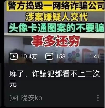 这张图是B站视频的截图，上半部分是反诈新闻的字幕内容，显示警方捣毁一网络诈骗公司后，涉案嫌疑人交代实施诈骗时不会选择头像为卡通图案的用户，原因是这类用户“事多还穷”；下半部分是B站用户发布的评论“麻了，诈骗犯都看不上二次元”，图中同时显示该视频播放量为10.4万，弹幕数153，总时长1分41秒，发布该评论的用户是UP主晚安ko，内容引发了二次元相关群体的自嘲式调侃。