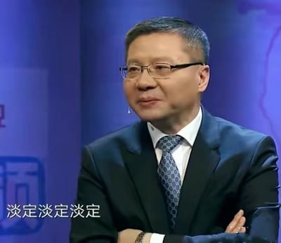 这是一张由节目截图改编的文字加注梗图，图中人物为学者张维为，他身着深色西装、佩戴眼镜，双臂交叉抱在胸前，面部神情平静且略带微笑，画面左下角配有重复三次的文字“淡定淡定淡定”，通过重复的文字强化了从容、稳住的情绪氛围，常用于社交场景中传递安抚情绪、保持镇定的态度。
