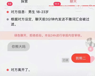 这是一张网络聊天软件的截图。用户A问“你熊大吗”，用户B则用“我熊二”巧妙回应，幽默利用了动画片《熊出没》中“熊大熊二”的角色谐音梗。对方随即离开，形成一种社交尴尬但又搞笑的氛围。

双关/谐音梗说明：
“熊大”既可能是在意指自己厉害，也可能被用户B机智地理解为角色“熊大”，用动画人物名字巧妙回复，展现出幽默的社交应答。