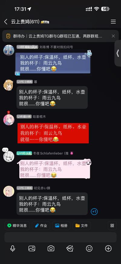 这是一张QQ群聊天记录截图，群名称为「云上贵鸠(611)」，群内多名不同等级的群成员连续刷屏发送完全相同的一段内容：「别人的杯子:保温杯，纸杯，水壶
我的杯子：雨云九鸟
就很……你懂吧😂」。这段内容利用「雨云九鸟」的谐音对应低俗涉性表述玩梗，截图发布者进群后看到满屏的该类刷屏内容感到十分错愕，因此配文标题为「一进群看到这个天都塌了」。