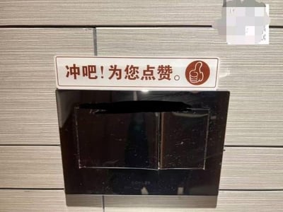 这是一张在公共卫生间拍摄的照片，画面主体是科勒（KOHLER）品牌的双按钮冲水装置，装置上方贴有一个白底红字的标语牌，标语内容为“冲吧！为您点赞。”，同时配有一个红色的竖起大拇指的图标。标语用拟人化的轻松语气，对使用后冲水的行为进行趣味鼓励，没有双关、谐音梗等内容，整体氛围轻松有趣，用于引导文明如厕。