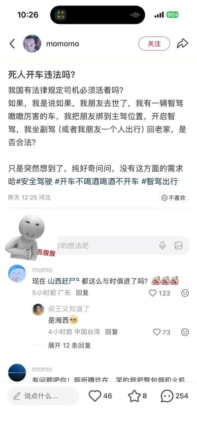 这是一张竖屏的国内社交平台帖子截图，用户momomo发布了一个脑洞大开的法律疑问：假设将去世的朋友绑在主驾驶位，开启智能驾驶车辆出行，询问这种行为是否违法，同时标注了#安全驾驶 #开车不喝酒喝酒不开车 #智驾出行 等话题，强调仅为好奇并无实际需求。评论区中，有网友玩起传统赶尸文化的谐音梗，回复“现在山西赶尸🪦都这么与时俱进了吗？”，另有网友纠正“是湘西”，还有一条打错字的趣味评论，整体内容充满脑洞与搞笑氛围，将现代智能驾驶和传统民俗梗结合，引发趣味互动。