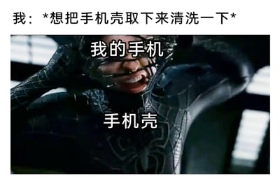 这是一张用于调侃生活日常的搞笑梗图，上方文字表明场景是“我想要取下手机壳清洗”，下方使用《蜘蛛侠3》中彼得·帕克被黑色共生体战衣缠住、试图挣脱的影视截图，将人物头部标注为“我的手机”，黑色战衣标注为“手机壳”，用共生体与宿主难以分离的状态，生动形象地比喻那些贴合度极高、难以取下的手机壳，精准还原了人们试图取下这类手机壳时的费力与崩溃感，能够引发有同款经历的用户的强烈共鸣。