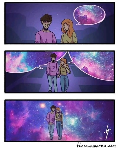 三格连环漫画描绘了一对情侣的浪漫互动。第一格：夜晚背景下，穿粉色上衣的男孩和黄色上衣的女孩并肩站立，女孩头顶的思想泡泡中是绚烂的银河星云；第二格：两人开始牵手，男孩和女孩的头顶分别出现对称的银河思想泡泡，背景变为铺砖地面；第三格：整个背景完全被璀璨的银河取代，男孩温柔地拥抱女孩，女孩依偎在他肩上，画面充满温馨甜蜜的氛围。