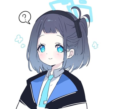 一张动漫风格的插画，描绘了一位有着深蓝色短发、黑色发带的少女。她有着明亮的蓝色眼眸，瞳孔中似有反光效果，脸颊带有淡淡的红晕，表情略带疑惑，头侧上方有一个带有问号的白色 speech bubble。背景为纯白色，点缀着浅蓝色的云朵状装饰和几何图形，整体风格可爱清新。
