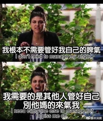 这是一张上下对比的梗图，由同一女性的两张户外场景截图组成。上图中女性表情严肃，配文'我根本不需要管好我自己的脾气 I don't need to manage my anger.'；下图中她表情愤怒大喊，配文'我需要的是其他人管好自己 别他媽的來氣我 I need everyone else to manage not to piss me off.' 图片通过对比展现了对他人行为引发自身愤怒的吐槽，带有幽默和无奈的情绪。