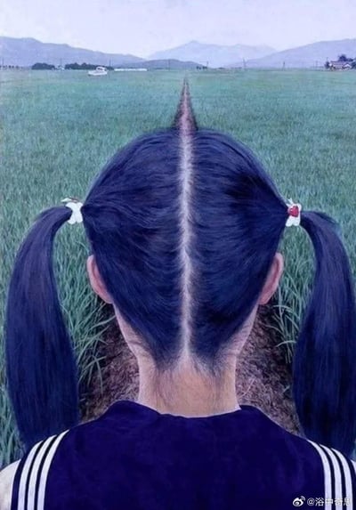 图片展示了一个女孩的背影，她有着乌黑的长发，整齐地中分并扎成两个双马尾，左侧马尾用白色发饰固定，右侧则带有红色点缀。女孩站在一片广阔的绿色田野中，正前方有一条细长的泥土小路，小路笔直地延伸至远方的山脉，与女孩头发的中分线形成视觉上的呼应。背景是连绵的青山和朦胧的天空，整体画面给人一种宁静、治愈且充满向往的感觉，仿佛女孩正准备沿着小路走向远方的风景。