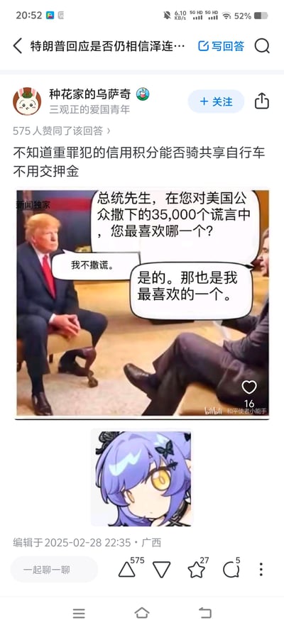 这是知乎用户「种花家的乌萨奇」针对特朗普相关问题的回答，开头用一句调侃「不知道重罪犯的信用积分能否骑共享自行车不用交押金」引出，随后附上一张恶搞特朗普的梗图：图中采访者询问特朗普「在您对美国公众撒下的35,000个谎言中，您最喜欢哪一个？」，特朗普回应「我不撒谎。」，采访者紧接着补刀「是的。那也是我最喜欢的一个。」，用这种方式讽刺特朗普常说谎的特点，回答末尾还添加了一张游戏《崩坏：星穹铁道》中阮梅的Q版表情包。该回答获得575人赞同，整体风格是带有讽刺意味的搞笑吐槽。