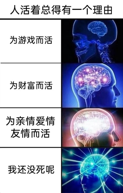 这是一张竖版的图文混排搞笑梗图，以“人活着总得有一个理由”作为总标题，将内容分为四个层级条目。每个条目左侧标注活着的理由，右侧搭配对应激活程度的大脑示意图：第一个条目“为游戏而活”对应仅显示基础轮廓的大脑图；第二个“为财富而活”对应有多处光点局部激活的大脑图；第三个“为亲情爱情友情而活”对应整体发亮的大脑图；第四个“我还没死呢”对应向外散发光线、完全“过载”激活的大脑图。图中通过大脑激活程度的递进反差，调侃了不同的人生动力，最后一个理由以自嘲、接地气的方式，形成幽默效果，传递出一种随性的生活态度。