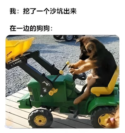 图片上方配有文字“我：挖了一个沙坑出来 在一边的狗狗：”，下方是一张照片：一只德国牧羊犬幼犬正坐在一辆绿色的玩具拖拉机上，前爪放在控制杆上，神情专注，仿佛在操作“重型 machinery”准备进行下一步动作。整体通过文字与图片的结合，形成幽默的反差效果，展现狗狗模仿人类行为的可爱瞬间。