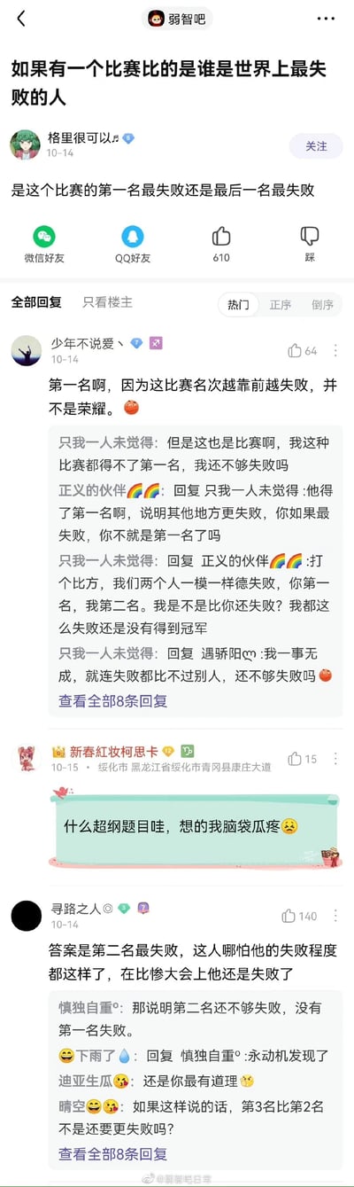 这是百度贴吧“弱智吧”的一篇脑洞帖子，用户“格里很可以”于10月14日发布，提出了一个打破常规逻辑的问题：假设存在一场比拼谁是世界上最失败的人的比赛，询问该比赛的第一名和最后一名谁更失败。帖子收获了610个点赞，评论区网友展开了趣味十足的讨论：有网友认为第一名最失败，因为该比赛的名次越靠前代表失败程度越高；也有网友提出“第二名最失败”的独特观点，认为第二名在“比惨大会”上都没能拿到第一，连“失败”都比不过别人；还有网友被这个绕逻辑的问题搞得头疼。楼中楼的对话进一步延伸了这个趣味逻辑，形成了类似“永动机”的循环讨论，充满了无厘头的趣味。