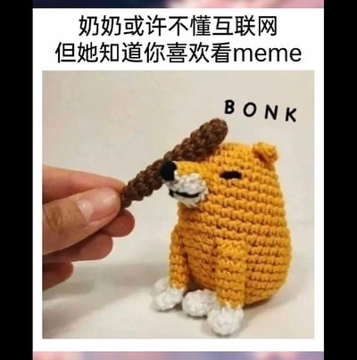 这张图展示了一只用钩针手工编织的柴犬Doge形象，一只手拿着编织的木棍做出敲击它头部的动作，画面右侧配英文“BONK”，图片上方配有中文文案“奶奶或许不懂互联网，但她知道你喜欢看meme”。作品还原了外网流行的“BONK Doge”搞笑梗，用手工实体化的方式呈现，既精准抓住了原梗的搞笑内核，又通过“奶奶制作”的设定增添了温馨治愈的氛围，是将网络流行文化与手工创作结合的趣味内容。