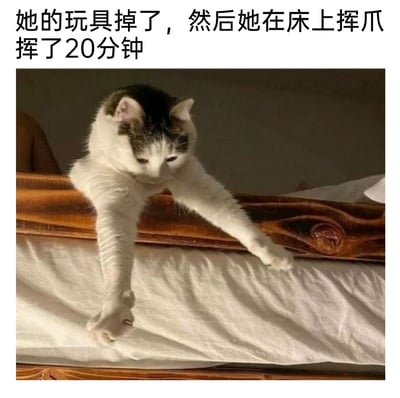 这是一张原始拍摄的静态单图，画面主体是一只白灰相间的猫咪，它趴在木质床架上，两只前爪完全伸展，悬在铺着白色床单的床铺上方，姿态仿佛在努力够取掉落在床下的玩具。图片上方配有文字说明，提到这只猫咪因为玩具掉下床，保持这样的挥爪动作长达20分钟，生动展现出猫咪执着又蠢萌的可爱状态，记录了宠物日常里的趣味瞬间。