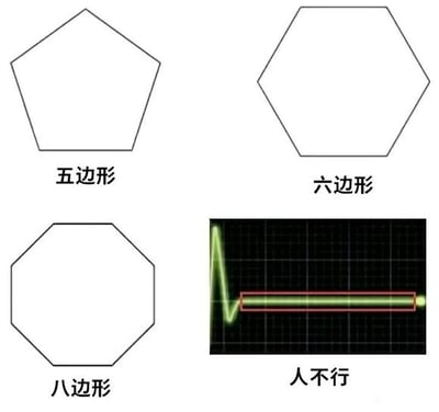 这是一张多图拼接的静态趣味梗图，整体由四个板块构成。左上板块展示了一个五边形，下方配有文字“五边形”；右上板块是一个六边形，下方标注“六边形”；左下板块为八边形，下方标注“八边形”；右下板块是一张类似设备检测的波形截图，下方标注文字“人不行”。该图运用了中文谐音梗，“人不行”谐音“四边形”，与前三个图形的多边形命名逻辑形成对应，通过这种错位的趣味关联制造出搞笑的效果，属于网络上常见的文字类趣味创作。