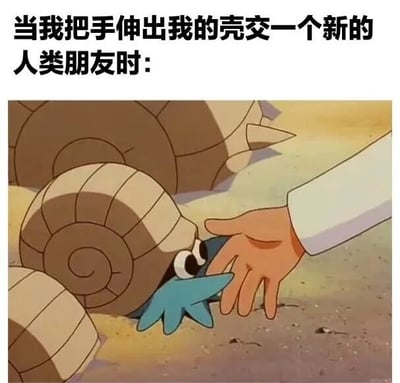 图片上方配有文字'当我把手伸出我的壳交一个新的人类朋友时：'，下方是《宝可梦》动画中的杰尼龟形象。杰尼龟从它的棕色龟壳中探出蓝色的头和四肢，正小心翼翼地伸出手，试图触碰画面右侧一只伸向它的人类的手。整体画面生动表现了内向者鼓起勇气尝试社交、结交新朋友时的谨慎与期待心情。