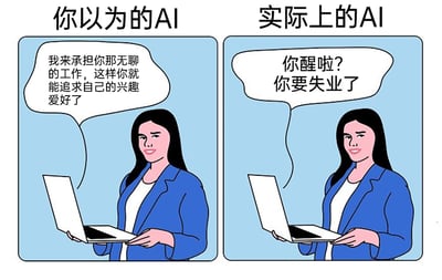 这是一张左右分栏的对比类卡通漫画，左侧标题为“你以为的AI”，画面中是一位穿着蓝色西装内搭白衫、面带微笑的女性，双手捧着一台笔记本电脑，对话框里的内容是“我来承担你那无聊的工作，这样你就能追求自己的兴趣爱好了”，呈现出大众对AI的美好期待——AI会成为人类工作的助力，帮助人类从繁琐工作中解放出来，去发展个人兴趣；右侧标题为“实际上的AI”，画面是完全相同的女性和动作，但对话框内容变为“你醒啦？你要失业了”，精准戳中了当下人们对于AI技术发展会取代人类工作、导致人类失业的普遍焦虑，用强烈的对话反差制造出幽默又扎心的效果，调侃了人们对AI的理想化期待与现实担忧之间的巨大落差。