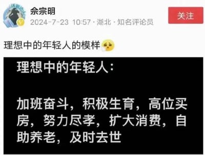 知名评论员余宗明于2024年7月23日发布的社交媒体帖子，以“理想中的年轻人的模样”为标题，通过黑色底纹白色文字列出“加班奋斗，积极生育，高位买房，努力尽孝，扩大消费，自助养老，及时去世”的递进式表述。前六项看似是社会对年轻人的正向要求，最终以“及时去世”形成强烈反差，用反讽手法揭示社会对年轻人过度且矛盾的期望，引发对当代青年压力的共鸣与反思。