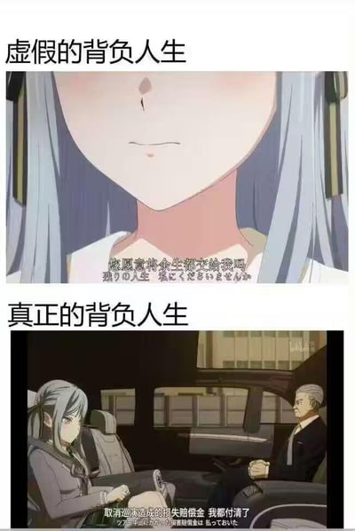 这是一张由动画截图拼接而成的上下对比梗图，通过同一角色的不同剧情场景制造强烈反差感。上图标注为“虚假的背负人生”，是动画《偶像荣耀》中角色长濑麻奈的面部特写，配文“您愿意将余生都交给我吗”，呈现的是浪漫化的情感托付，属于文艺且理想化的“背负人生”；下图标注为“真正的背负人生”，同角色坐在车内，配文“取消巡演造成的损失赔偿金，我都付清了”，展现的是现实中需要承担的经济责任与压力。整图用这种反差调侃了理想中浪漫的“人生托付”和现实里沉重的“责任背负”之间的差距，没有双关、谐音梗等内容。