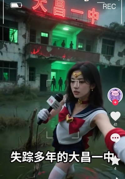 一位手持话筒的女生穿着美少女战士的cos服在破旧、长满水草的建筑前进行类似直播或探访，背景是写有“大昌一中”霓虹灯字样的废弃教学楼，楼房内部灯光诡异，楼道和窗户有多个黑色剪影，氛围恐怖诙谐。画面下方配有“失踪多年的大昌一中”字样。场景极具鬼片既视感，带一点网络二次元、鬼畜、玩梗成分。

本图在网络上以失落、神秘、恐怖高校为梗，融合了cosplay、恐怖片氛围和自媒体直播吐槽风格。——文字与梗强调的大昌一中为虚构梗，不是真实失踪事件，图中并无真实恐吓和恶意。