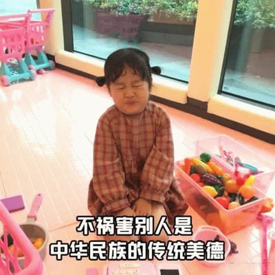 图片中是韩国女童星权律二，她盘腿坐在粉色的地板上，穿着棕色格子连衣裙，周围散落着粉色玩具购物车和装满塑料水果玩具的透明盒子。她眯着眼睛，眉头微皱，表情略带委屈又有点无奈。图片下方配有文字：'不祸害别人是中华民族的传统美德'，通过萌娃的表情与严肃的文字形成反差萌，常用于幽默表达不打扰他人的态度。