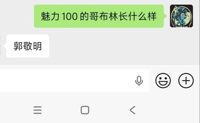 这是一张微信聊天界面的截图，右侧绿色气泡的用户提问“魅力100的哥布林长什么样”，左侧白色气泡的用户回复“郭敬明”，内容利用“哥”与“郭”的谐音玩梗，属于网络恶搞类的搞笑聊天内容。