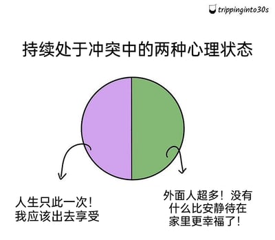这张图以一个被平分为紫色和绿色两部分的圆形为核心视觉元素，生动呈现了人们内心两种持续冲突的心理状态：左侧紫色区域关联的文字是“人生只此一次！我应该出去享受”，传递出一种想要把握人生、外出体验生活的积极社交心态；右侧绿色区域关联的文字是“外面人超多！没有什么比安静待在家里更幸福了！”，则代表了偏好独处、享受居家宁静的心态，精准刻画了很多人在“外出社交”与“居家独处”之间反复纠结的内心矛盾，极易引发共鸣。