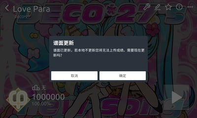 这是一张音乐游戏的界面截图，背景为卡通风格的游戏界面，可见初音未来相关美术元素、DECO*27字样，以及满分1000000、完成率100%的结算相关标识；界面中间弹出深灰色提示框，标题为「谱面更新」，内容提示谱面已更新，若本地不更新将无法上传成绩，询问用户是否现在更新，提示框底部设有「取消」和「确定」两个操作按钮。