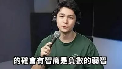 这是一张网络流行的表情包图片，画面中是一位穿绿色T恤的男性嘉宾在录播间内拿着麦克风，说出了一句带有吐槽和讽刺意味的话：“的确会有智商是负数的弱智”。这句话一般用来幽默或自嘲地评论某些让人无语的行为或言论。本图像常被用来表达对极端愚蠢行为的无奈和吐槽，语带夸张，强调“负数智商”这种不可能实现的说法，营造搞笑效果。

注意：“智商负数”属于口头夸张讽刺，并不反映实际情况。