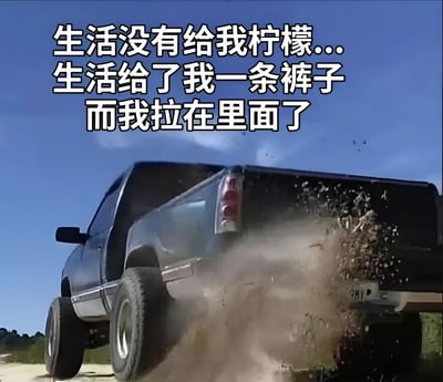 图片中是一辆蓝色皮卡车正在行驶，车尾扬起大量泥浆和尘土，背景是晴朗的蓝天。图片上方有白色加粗文字：“生活没有给我柠檬...生活给了我一条裤子而我拉在里面了”。该图通过将皮卡车扬起泥浆的画面与幽默文字结合，以自嘲的方式表达生活中的尴尬处境，属于典型的网络搞笑梗图。