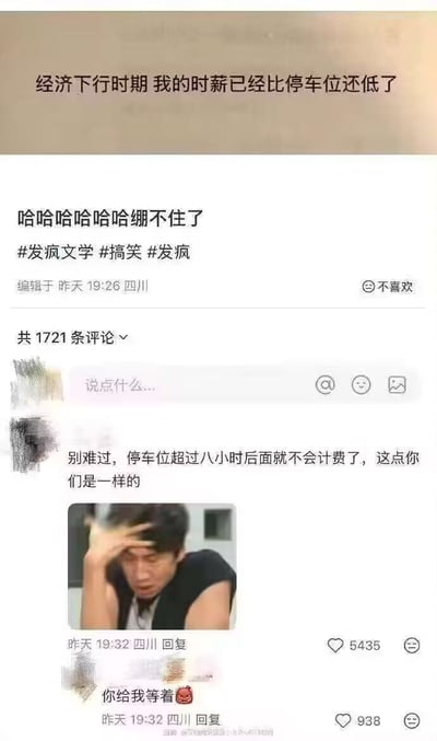 这是一张社交媒体评论区截图，主要内容是用户吐槽在经济下行时期自己的时薪已经低于停车位费用。评论区有网友幽默回复称"停车位超过八小时后面就不会计费了，这点你们是一样的"，引发互动。图片中还包含一个手扶额头、表情无奈的人物表情包，整体呈现出一种用幽默方式表达对低薪现状的无奈情绪。