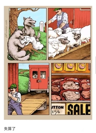 这是一则四格黑色幽默连环漫画，剧情反转拉满：
1. 第一格：两只狼扒下羊皮，正得意地给自己伪装成羊的样子，准备混入羊群捕猎；
2. 第二格：它们成功混进农场的羊群里，等着找机会下手；
3. 第三格：农场主把包括它们在内的羊群赶上了红色运羊车；
4. 第四格：反转出现——运羊车开到了肉铺，两只伪装的狼被当成羊，变成了货架上待售的羊肉，标价8.99美元一磅，正在促销。

漫画用荒诞的剧情制造笑点，属于典型的「偷鸡不成蚀把米」，狼的如意算盘彻底落空，反而把自己送进了屠宰场。