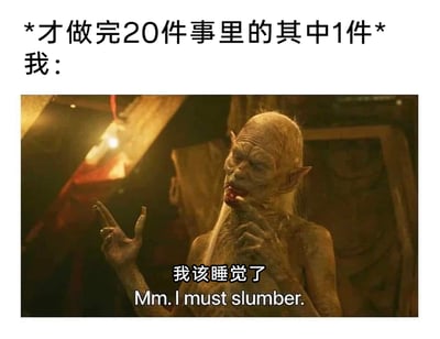 这是一张改编自影视截图的搞笑表情包，上方配文“*才做完20件事里的其中1件* 我：”，引出下方的画面：美剧《血族》里的古老血族生物，满脸皱纹、神态倦怠，双手做出放松的手势放在脸颊旁，配文“我该睡觉了 Mm. I must slumber.”。整张图用夸张的方式，调侃当代人面对待办任务时，仅仅完成了极小一部分就感到极度疲惫，立刻想放弃去休息的躺平、拖延心态，精准戳中很多人容易倦怠、想摸鱼的情绪，十分有共鸣感。