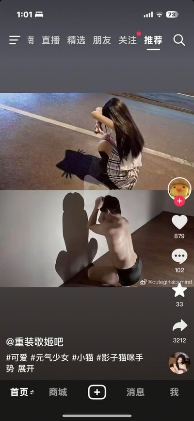 上下分屏对比图：上半部分为夜晚街道场景，一名长发女孩蹲坐在马路边，身穿格子短裙，双手抱头，地面影子呈现出猫咪爪形状；下半部分为室内白墙场景，一名赤裸上身的男孩蹲坐墙角，双手扶头，墙面影子同样形成类似猫咪的轮廓。图片来自社交媒体平台帖子，配有互动数据（点赞879、评论102、分享3212）及标签#可爱 #元气少女 #小猫 #影子猫咪手势，整体营造出趣味对比的萌系氛围。