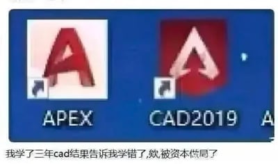 图片为屏幕截图，左侧显示红色立体'A'图标的APEX软件，右侧为红色背景白色'A'图标的CAD2019软件，底部配有文字“我学了三年cad结果告诉我学错了,煞笔被资本做局了”。整体表达了因花费大量时间学习CAD却发现与预期不符，进而感到被资本套路的无奈与愤怒情绪。