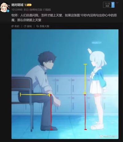 微博用户"绝对萌域"发布的一张经过编辑的动漫截图，图中展示了一个坐在椅子上的男性角色和一个站立的兔耳少女角色。图片上添加了黄色和红色的测量线，分别标注了男性角色的坐姿高度和两个角色的整体高度。配文称："牧师：人们总是问我，怎样才能上天堂，如果这张图10秒内没有勾出你心中的恶魔，那么你就能上天堂"，暗示图片中存在某种需要仔细观察才能发现的"邪恶"元素。