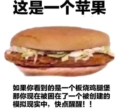 这是一张顶配底文的静态网络梗图，图中上方标注文字“这是一个苹果”，但中间展示的实物却是一个板烧鸡腿堡，底部配有文字“如果你看到的是一个板烧鸡腿堡，那你现在被困在了一个被创建的模拟现实中，快点醒醒！！”。该图利用文字与实物的强烈反差，玩了“模拟现实”的脑洞梗，调侃如果人们能发现眼前事物和“设定文字”不符，就说明所处的现实是被模拟出来的、存在漏洞，通过这种荒诞的认知错位制造趣味，属于网络迷因的本土化改编。