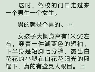图片内容为一段文字描述，场景设定在驾校门口，提到有一男一女走过。对男生的描述极为简略，仅为“男的就是个男的”；而对女生则进行了详细刻画，包括身高约1米65、穿着湖蓝色短袖和短脚七分裤，以及在阳光下露出的白花花小腿显得晃人眼目。文字旁有“59”“25”等数字标识，疑似互动计数。