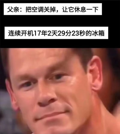 这是一张充满生活趣味的搞笑梗图，图中上方分为两段文字，第一段是父亲的要求“把空调关掉，让它休息一下”，第二段则标注“连续开机17年2天29分23秒的冰箱”，形成强烈的双标反差；下方搭配WWE明星约翰·塞纳一脸无奈、无语的经典表情，用这种反差感调侃生活中长辈对不同家电区别对待的现象，精准戳中生活中的小细节，引发网友共鸣，制造出幽默的效果。