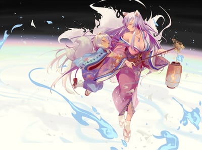 图中呈现了两位拥有白色狐耳与狐尾的少女，她们身着精致日式和服，在一片如云海般的梦幻空间中前行。紫发少女手持悬挂着灯笼的法杖，神情温柔沉静，稳步向前；白发少女亲昵地依偎在她身侧，表情俏皮好奇，仿佛对周遭充满探索欲。画面中点缀着蓝色火焰状的奇幻元素，远处还能看到一抹彩虹，整体画风唯美柔和，充满和风奇幻氛围，给人治愈梦幻的视觉感受。
