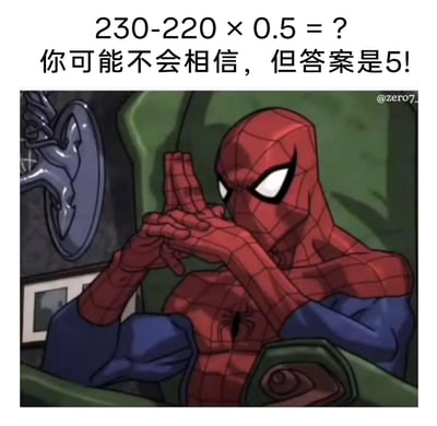 这是一张图文结合的趣味梗图，顶部展示数学算式“230-220×0.5=？”，并配有文字“你可能不会相信，但答案是5!”；下方是漫威动画中的蜘蛛侠形象，他双手比出数字5的手势。该图运用了数学阶乘的冷笑话梗：按照四则运算规则计算，230-220×0.5的结果为120，而“5!”代表5的阶乘，计算得5×4×3×2×1=120，二者结果一致，通过“5!”的表述制造出看似违背常规计算的错觉，实则是玩了阶乘的符号游戏，蜘蛛侠的手势也呼应了数字5，让这个冷笑话更具画面感。