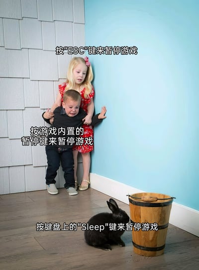 这是一张基于儿童照片二次创作的游戏主题搞笑梗图，用三个不同的场景状态来调侃三种暂停游戏方式的区别：上方表情惊恐躲在墙角的金发小女孩，对应文字“按‘ESC’键来暂停游戏”，比喻ESC键暂停是快捷应急的方式；中间崩溃大哭、被女孩拉住的小男孩，对应文字“按游戏内置的暂停键来暂停游戏”，调侃这种方式需要操作步骤，像安抚哭闹孩子一样麻烦；下方木桶旁的黑兔子，对应文字“按键盘上的‘Sleep’键来暂停游戏”，比喻这种方式直接让电脑休眠，是最彻底的“暂停”，如同兔子静止的状态。整体用生动的画面把游戏操作的体验具象化，充满趣味。
