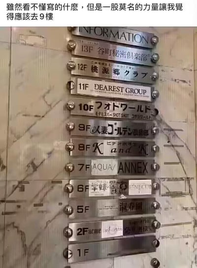 图片展示了一块大楼楼层导视牌，垂直排列着1F至13F的金属标识牌，每个标识牌上均有日文文字。导视牌背景为大理石纹理墙面。图片顶部有一行中文评论：“雖然看不懂寫的什麼，但是一股莫名的力量讓我覺得應該去9樓”，表达了尽管不理解日文内容，却被某种神秘力量指引想去9楼的幽默感受。9楼的标识牌文字为“人妻・ルネッサンス”，可能是某种店铺或机构名称，增加了神秘感。整体画面清晰，信息集中在楼层指引和顶部评论的对比上。